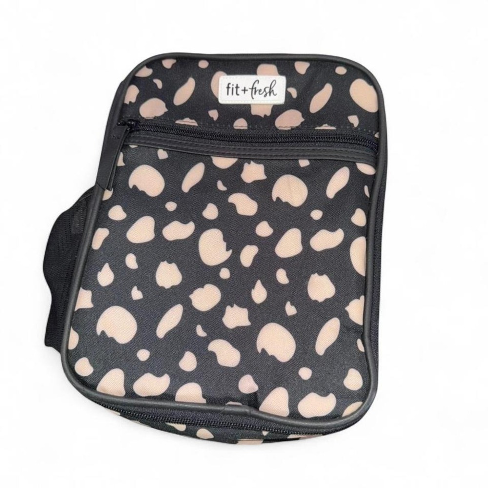 CHEETAH ANIMAL EXOTIC PRINT LUNCH TOTE KIT‎ BAG BLACK TAN
